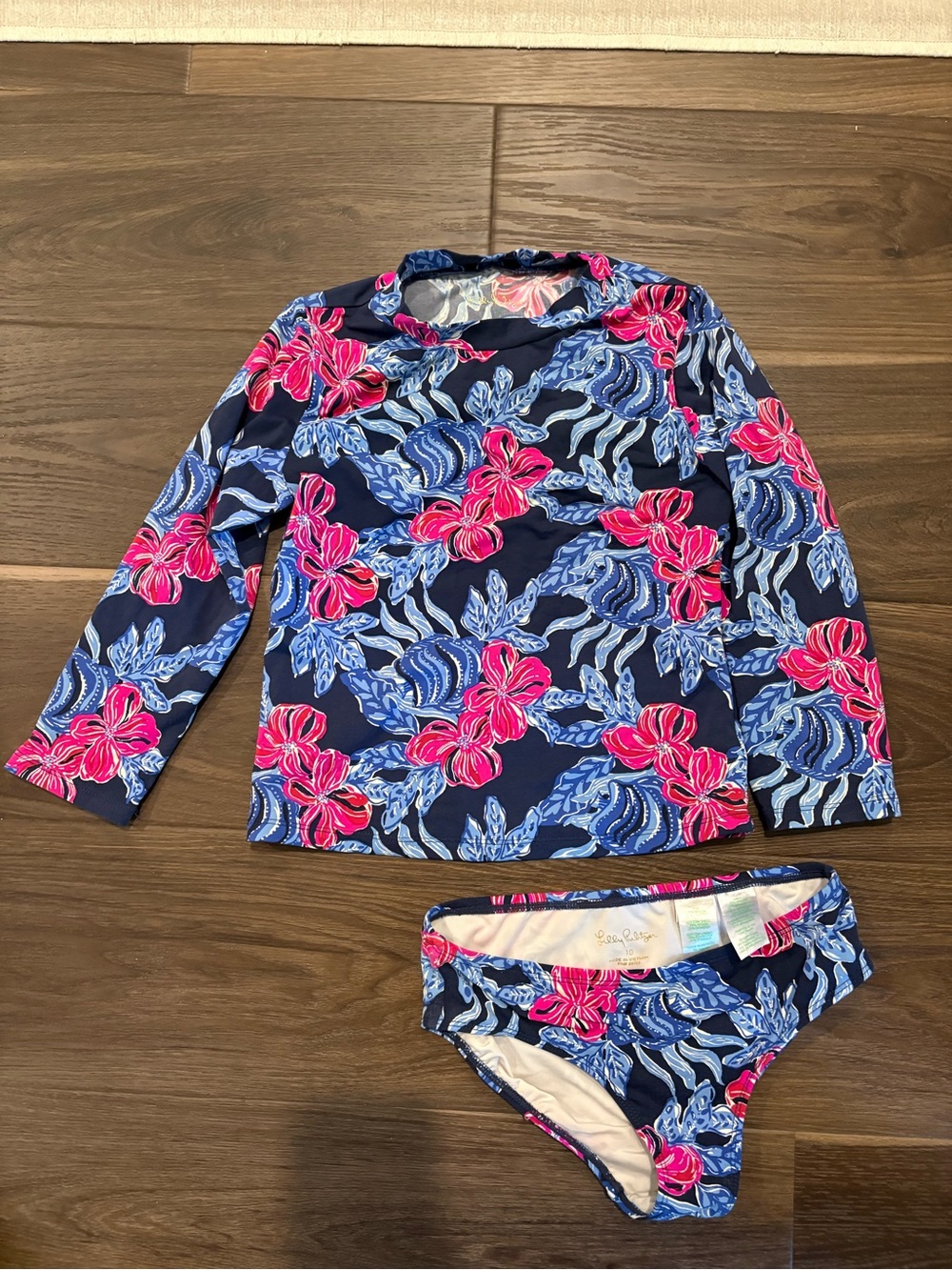 Lilly Pulitzer Girls Navy Rash Guard Set with Pink & Blue Floral